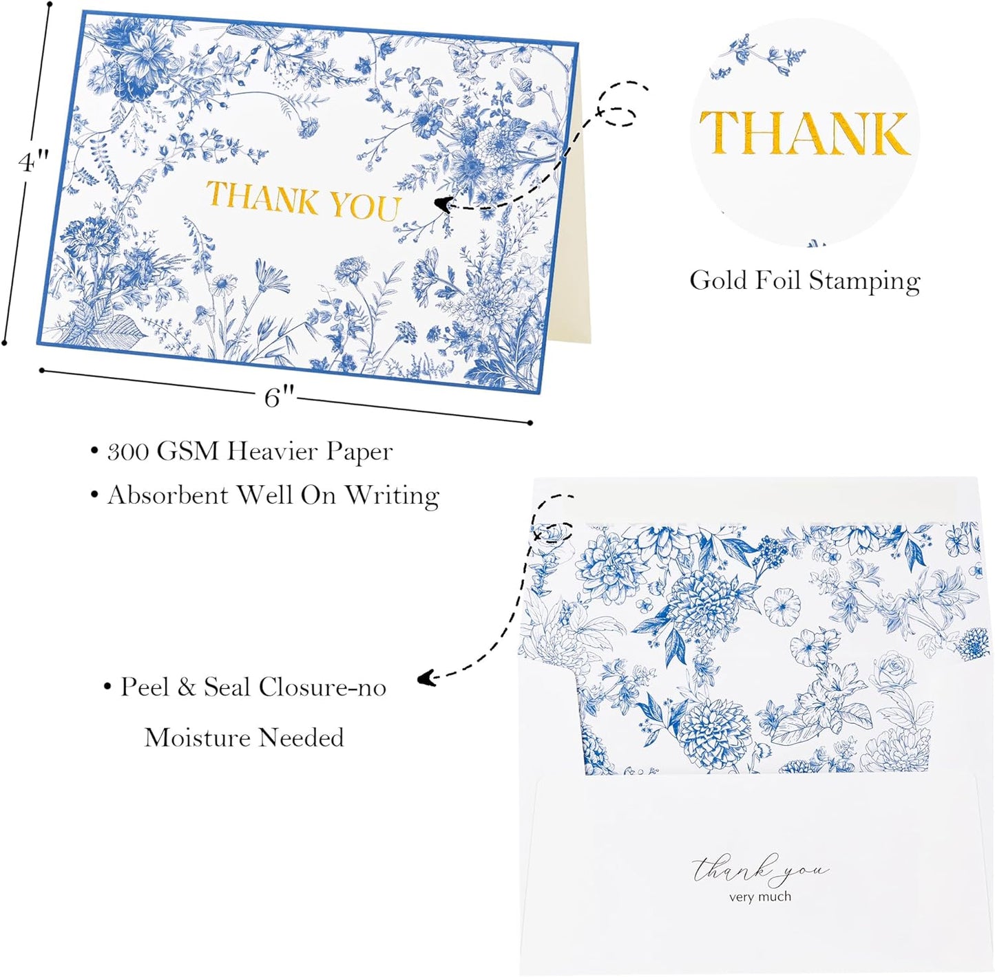 Crisky 100 Pack Blue Floral Thank you cards Gold Foil Greeting Notes Bulk with Envelopes & Stickers for Birthday, Baby Shower, Bridal Shower, Wedding, Graduation