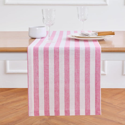 Solino Home Linen Table Runner 144 Inches Long - Sorrento Stripe, 100% Pure Linen Chateau Rose and White Farmhouse Table Runner 14 x 144 Inch for Dining