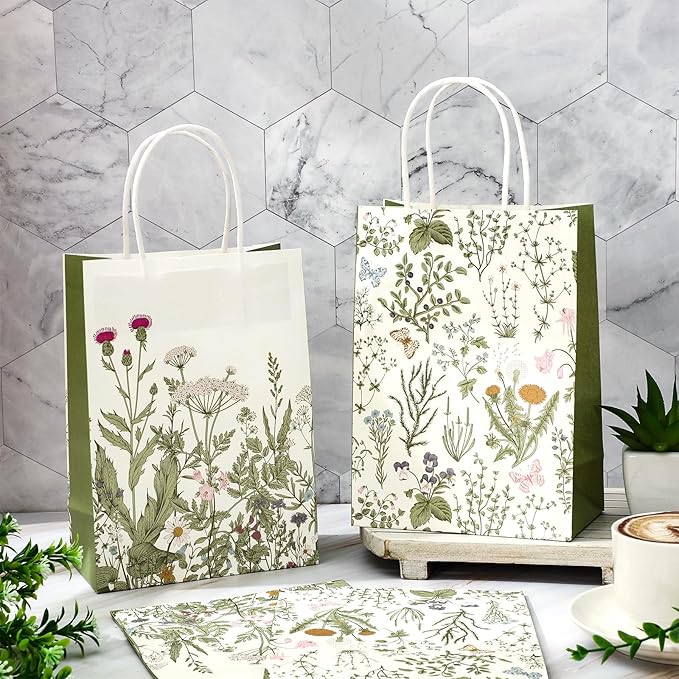 36Pcs Sage Green Wildflower Paper Gift Bags Vintage Wild Floral Party Favor Bags with Handles Decorative Goodie Candy Treat Bags for Spring Wedding Baby Shower Birthday Party Supplies