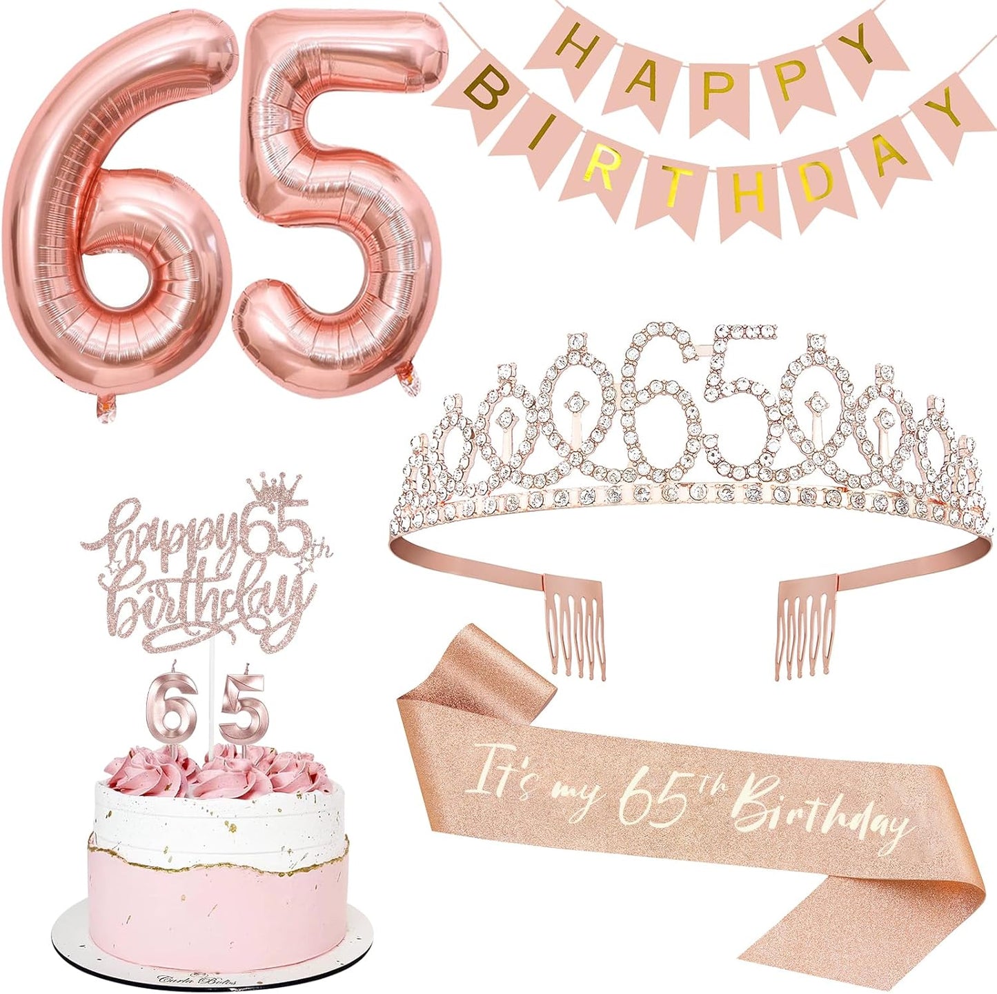 65th Birthday Decorations for Women, Including 65th Tiara and Sash, Happy Birthday Banner, Cake Toppers, Number Candles and Balloons Set, Rose Gold