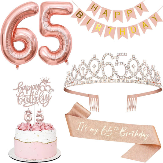 65th Birthday Decorations for Women, Including 65th Tiara and Sash, Happy Birthday Banner, Cake Toppers, Number Candles and Balloons Set, Rose Gold