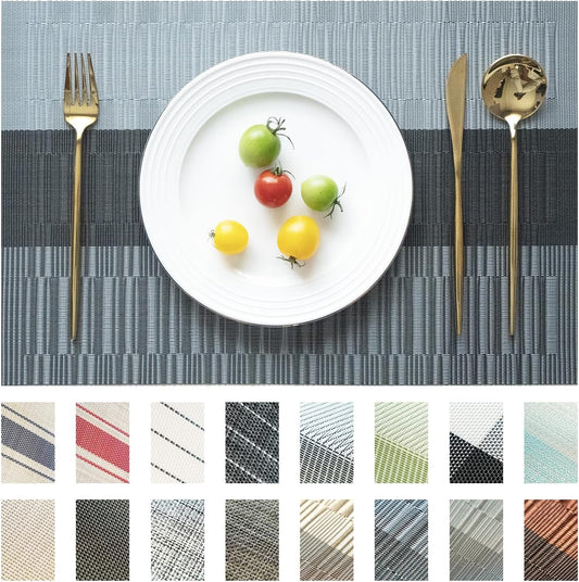 Placemats Set of 4 Vinyl/Plastic Woven Place Mats for Kitchen Table Indoor/Outdoor Washable Placemat Wipeable Dining Table Mats (Ombre Silver Grey Black,4)