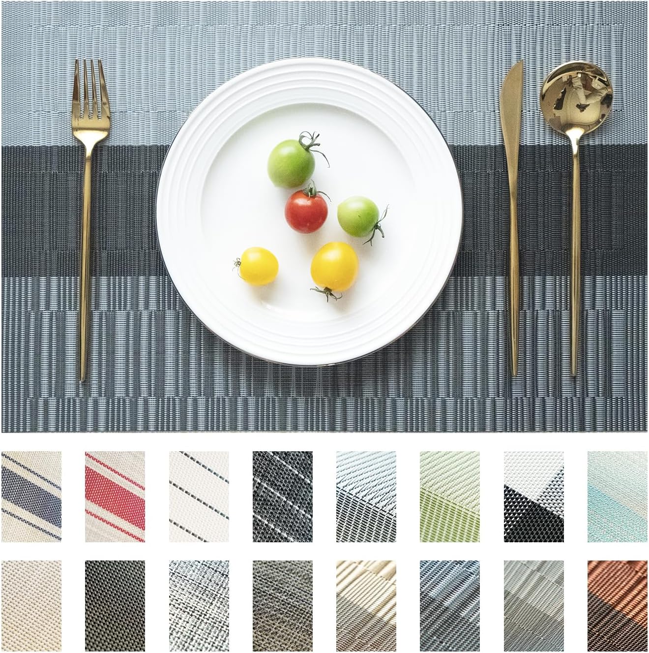 Placemats Set of 12 Vinyl/Plastic Woven Place Mats for Kitchen Table Indoor/Outdoor Washable Placemat Wipeable Dining Table Mats (Ombre Silver Grey Black,12)