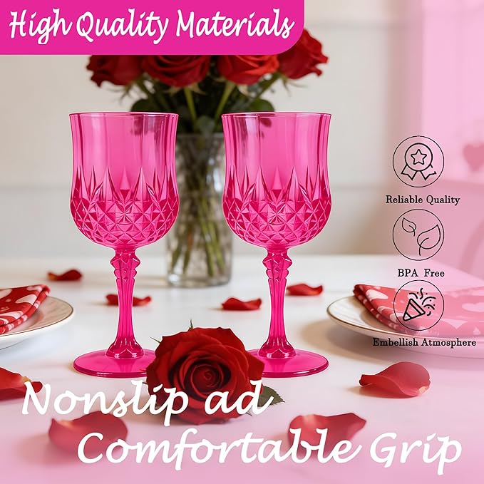 Plastic Wine Glasses, Plastic Goblets Vintage Style Cordial Unbreakable Drinking Glasses, Reusable Drinkware for Wedding Reception, Grand Event Party Supplies, Easter (48, Hot Pink)