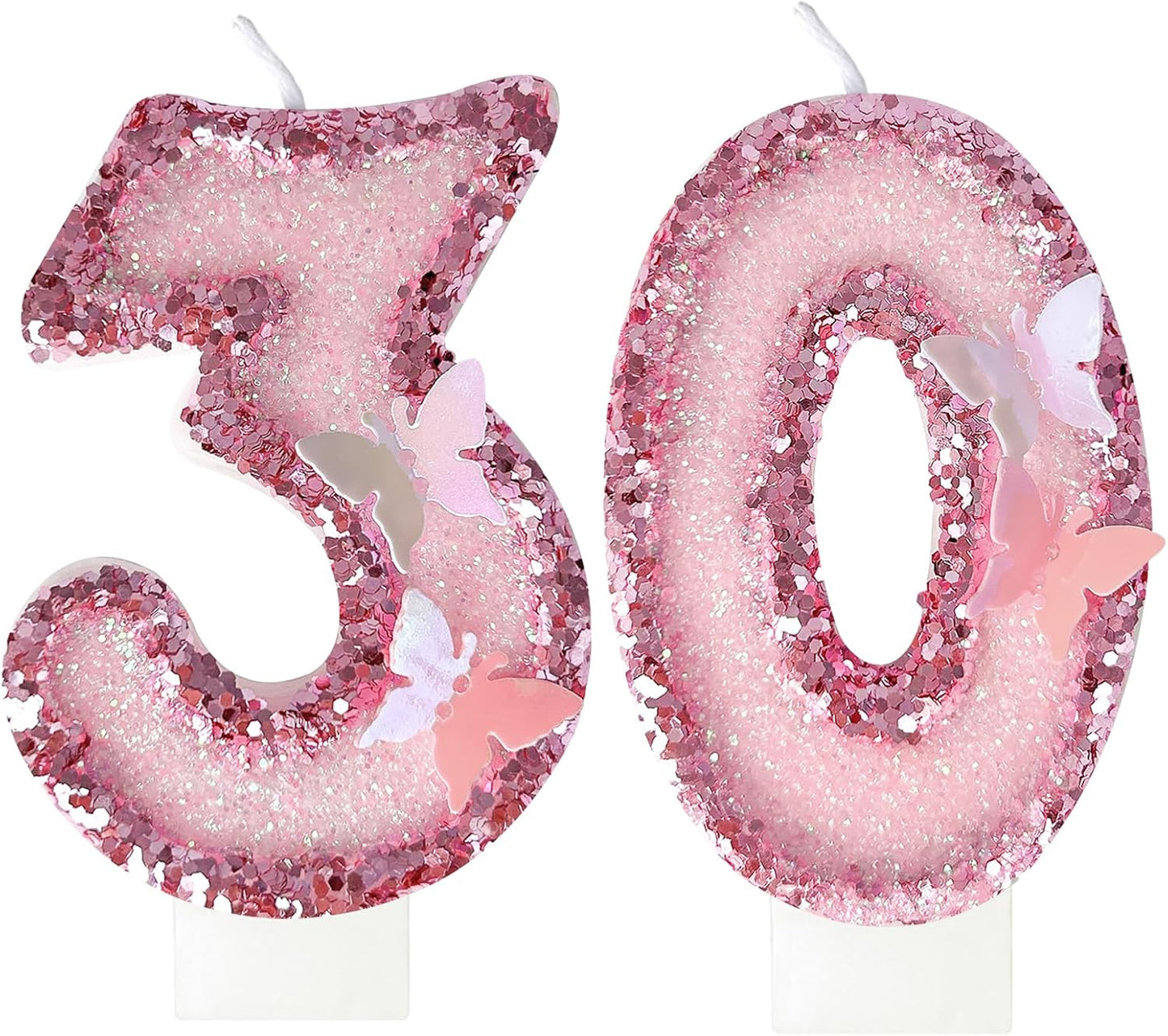 30Th Birthday Candles，Glitter Butterfly Cake Toppers Pink Sequins Wedding Numeral Cupcake Decorations，Suitable for Girl and Boy Wedding Cakes, Party Celebrations, Birthday Decorations (30)