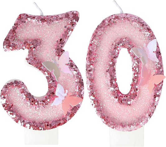 30Th Birthday Candles，Glitter Butterfly Cake Toppers Pink Sequins Wedding Numeral Cupcake Decorations，Suitable for Girl and Boy Wedding Cakes, Party Celebrations, Birthday Decorations (30)