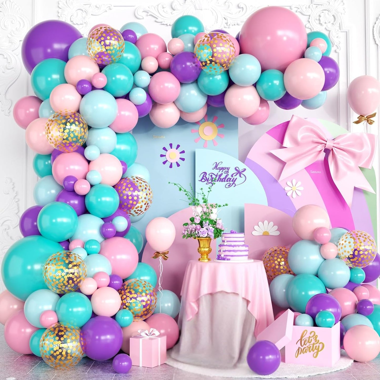 Pink Purple Balloon Arch Kit, Pink Purple Blue Balloon Garland Arch Kit, Gold Confetti Balloons For Girls women Princess Birthday Baby Shower Neon Theme Party Wedding Bridal Shower Bachelorette Decor