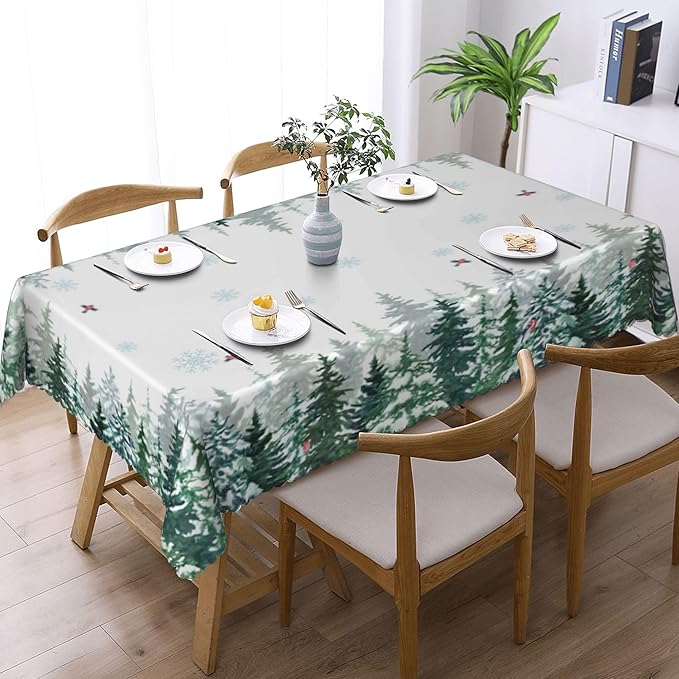 YCness Winter Forest Landscape Tablecloth, Green Christmas Snowflakes Nature Seasonal Decoration Table Cover for Winter Christmas Birthday Holiday Party Dinner, 60x120 Inch Rectangle