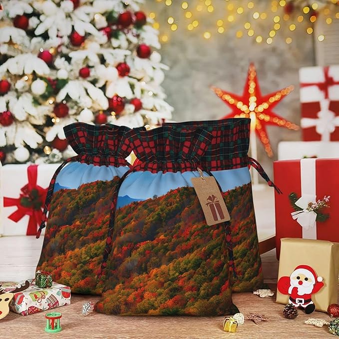 PULaif Blue Ridge Parkway Mountains Christmas Drawstring Gift Bags, Large Size Christmas Bags For Gifts Party Favors, Xmas Gift Bags