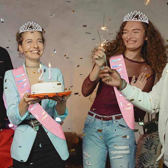 21st Birthday Decorations for Her with Pink 21st Birthday Sash and 21 Crown Silver, Candles Silver, Gifts for 21 Year Old Girls