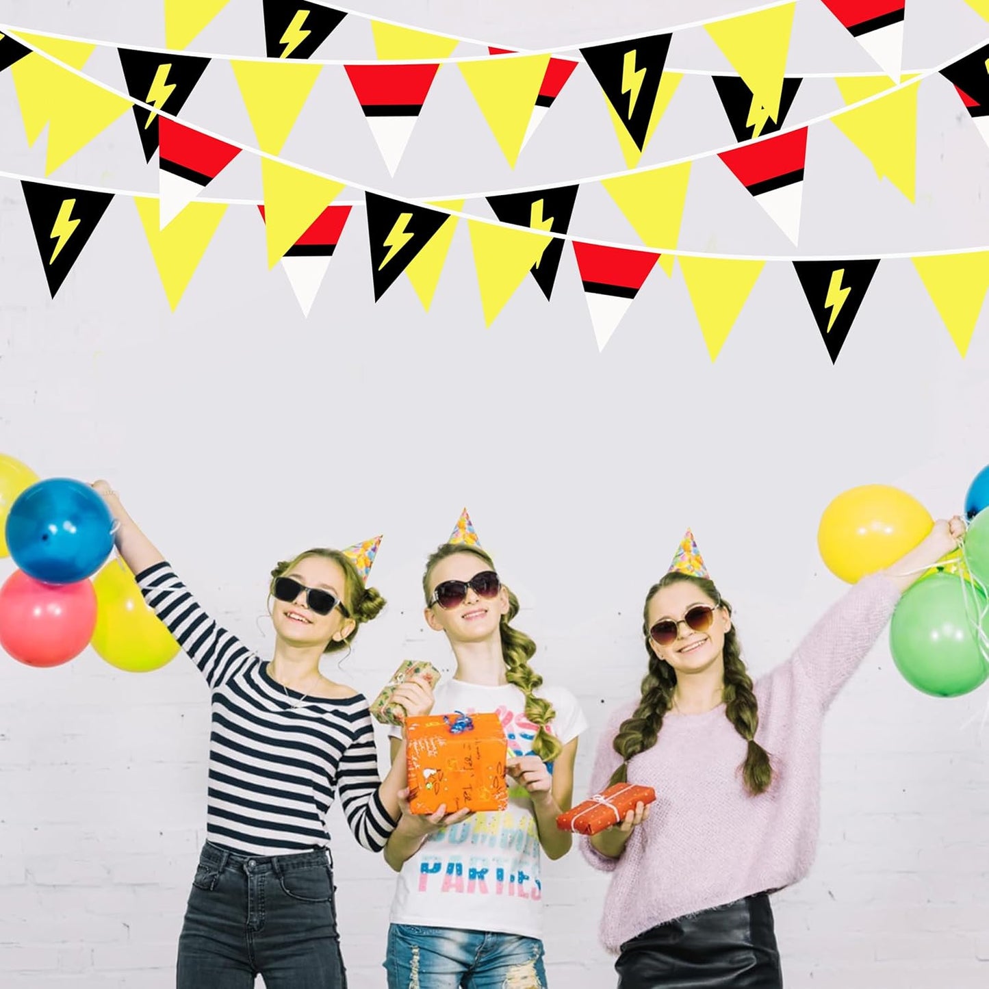 32Ft Cartoon Animation Party Decorations Red White Yellow Lightning Triangle Flag Fabric Banner Pennant Garland Streamer for Cartoon Birthday Animated Baby Shower Video Games Party Decor Supplies