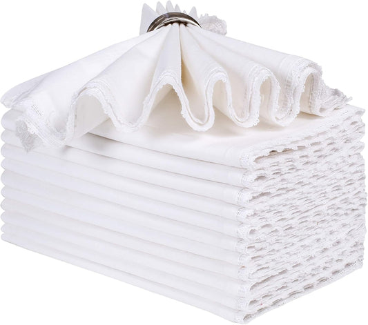 Lightnpro Set of 12 Cloth Dinner Napkins with Beautiful Lace - Cotton, Soft & Durable, Washable - Ideal for Weddings, Spring, Summer, Easter, and Everyday Use - 18x18 Inch White