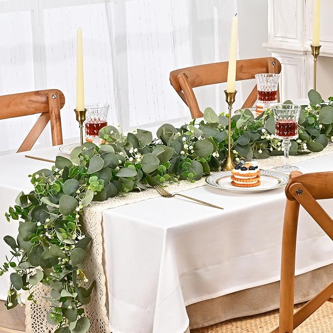Dolicer 6 Packs 6FT Artificial Eucalyptus Garland, Faux Greenery Garland Fake Vines Hanging Silver Dollar Eucalyptus Leaves for Wedding Backdrop Arch Table Wall Party Home Decor