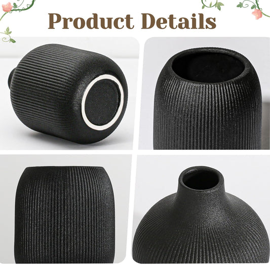 Modern Black Ceramic Vase Set of 3, Ribbed Texture Boho Minimalist Home Decor, Small Decorative Vases for Centerpiece, Shelf, Tabletop - Aesthetic Touch for Neutral & Transitional Spaces