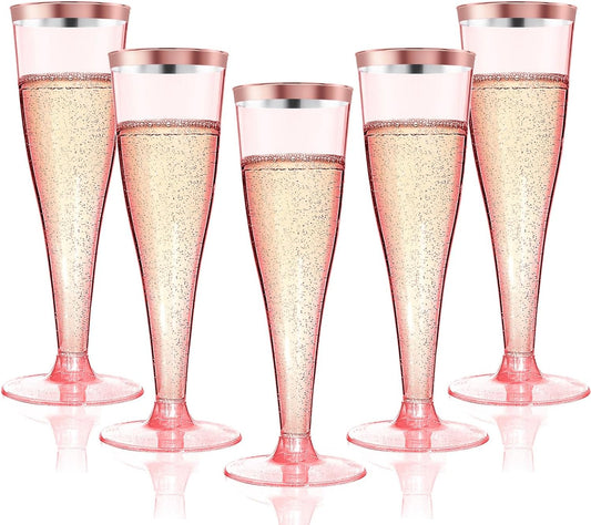 40 Pack Pink Rim Champagne Flutes Plastic Wine Glasses Disposable, 4.5 Oz Pink Rim Mimosa Glasses for 2025 Engagement Wedding Birthday New Years Eve Xmas Party Supplies, Bulk Toasting Cocktail Cups