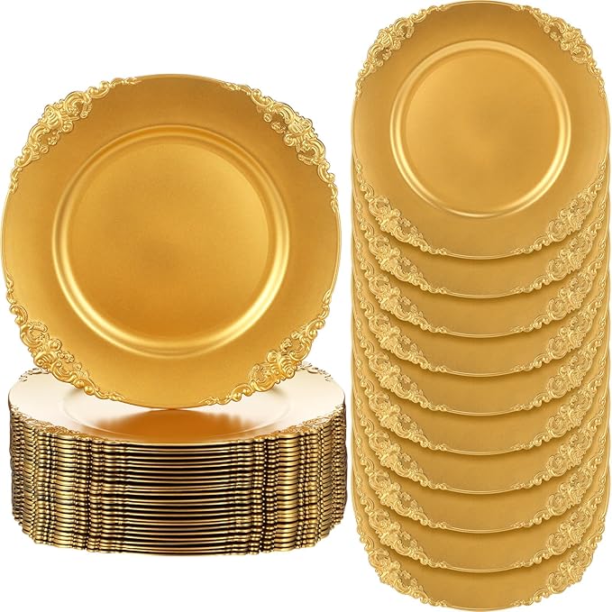 Jinei 36 Pack Gold Charger Plates 13 Inch Plastic Embossed Round Charger Plates Wedding Table Decoration Reusable Dinner Plate Tray for Birthday Party Holiday Event