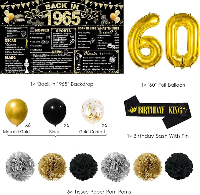 60th Birthday Decorations for Men, Black Gold Back In 1965 Birthday Banner Decorations, Vintage 60th Birthday Table Decorations, Cake Topper, Balloons, Backdrop, Sash Party Supplies for Men