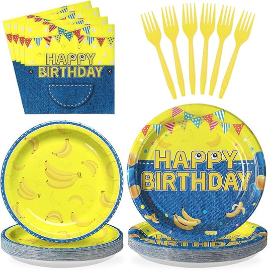 Grencian 96Pcs Yellow Cartoon Birthday Party Decorations Yellow Cartoon Paper Plates and Napkins Banana Theme Disposable Tableware for Banana Theme Birthday Decorations Serves 24