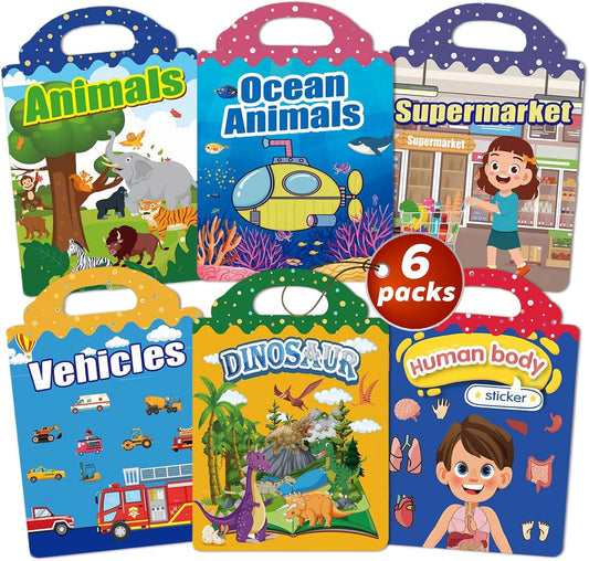 6 Sets Reusable Sticker Books for Toddlers, Jelly Stickers for Kids, Toddler Craft Activities and Travel Toys for Kids 2 3 4 5 Years Old Girls & Boys