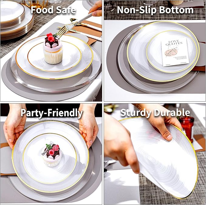 N9R 60PCS White Plastic Plates with Gold Rim, Elegant Disposable Plates, Circular Ribbed Design, 30 Dinner & 30 Dessert Plate for Parties, Weddings, Banquets, and Events (Translucent White)
