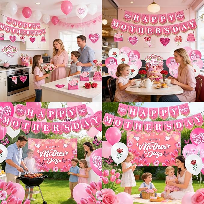 Happy Mother’s Day Party Decorations, Mom Pink Party Supplies Kit with Backdrop, Banner, Cake Topper, Cupcake Picks, Balloons & Hanging Swirls for Mother’s Day Celebration