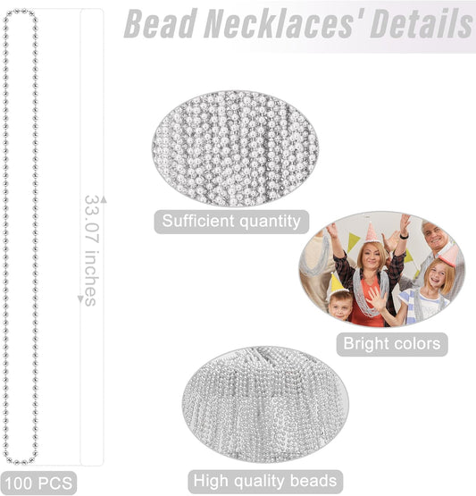 100PCS Bead Necklace, Silver Mardi Gras Beads Stuff Party Favors, Christmas 33" Toy Necklaces Costume, Festival Parade Throw Accessories for Wedding Birthday Celebrations Decoration