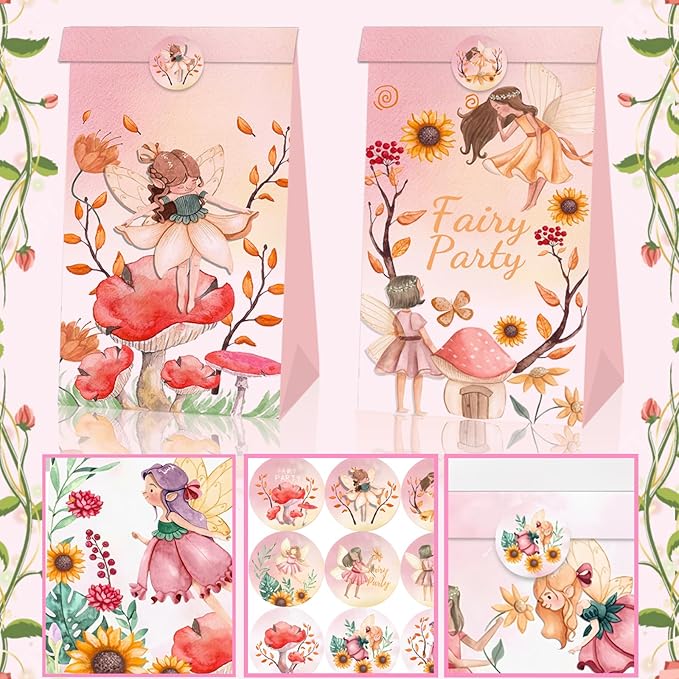 12 Pcs Fairy Party Favor Sunflower Gift Bags with Stickers Spring Floral Welcome Flower Party Favors Butterfly Paper Candy Goodie Treat Bags for Garden Decor Bday Bridal Baby Shower Wedding Supplies