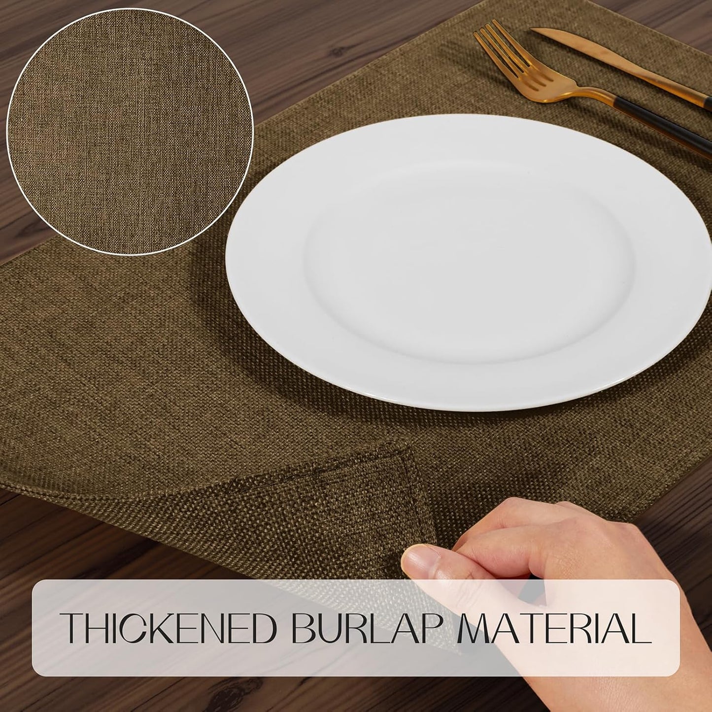 Romanstile Cloth Placemats Set of 6-12 x 18 Inch, Heat Resistant Double Layered Thickened Burlap Place Mats, Washable Faux Linen Farmhouse Table Mats for Kitchen/Dining/Party/Outdoor, Brown