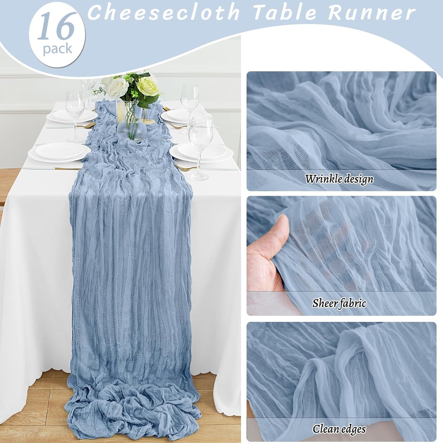 16Pack Dusty Blue Table Runner 10FT Cheese Cloth Table Runner 35x120Inch Long Boho Table Runners Rustic Gauze Table Runners for Party Wedding Bridal Shower Baby Shower Decorations