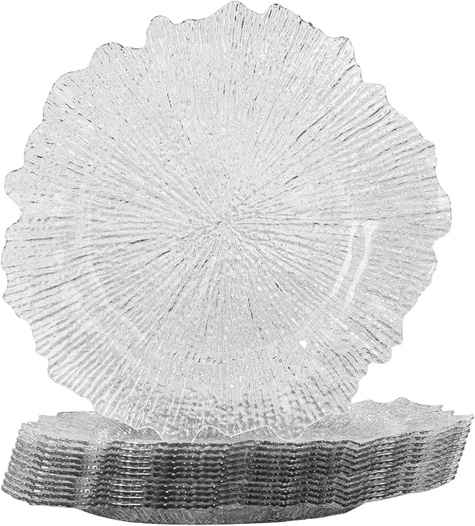 MAONAME 13" Clear Charger Plates, Round Reef Chargers for Dinner Plates, Plastic Plate Chargers for Table Setting, Wedding Decor, Set of 12