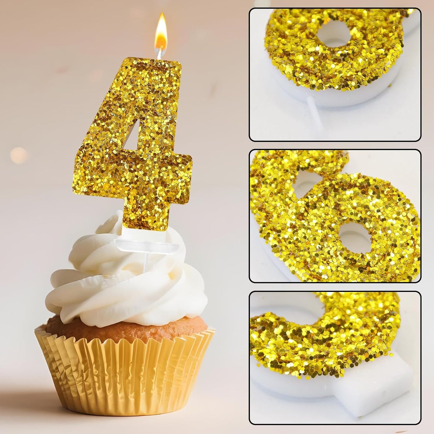 Birthday Number Candles, Glitter Number Candle Cake Decorations with Sequins, Cupcake Decorations for Girls, Women, Party Anniversary Celebrations (Number 4, Golden)