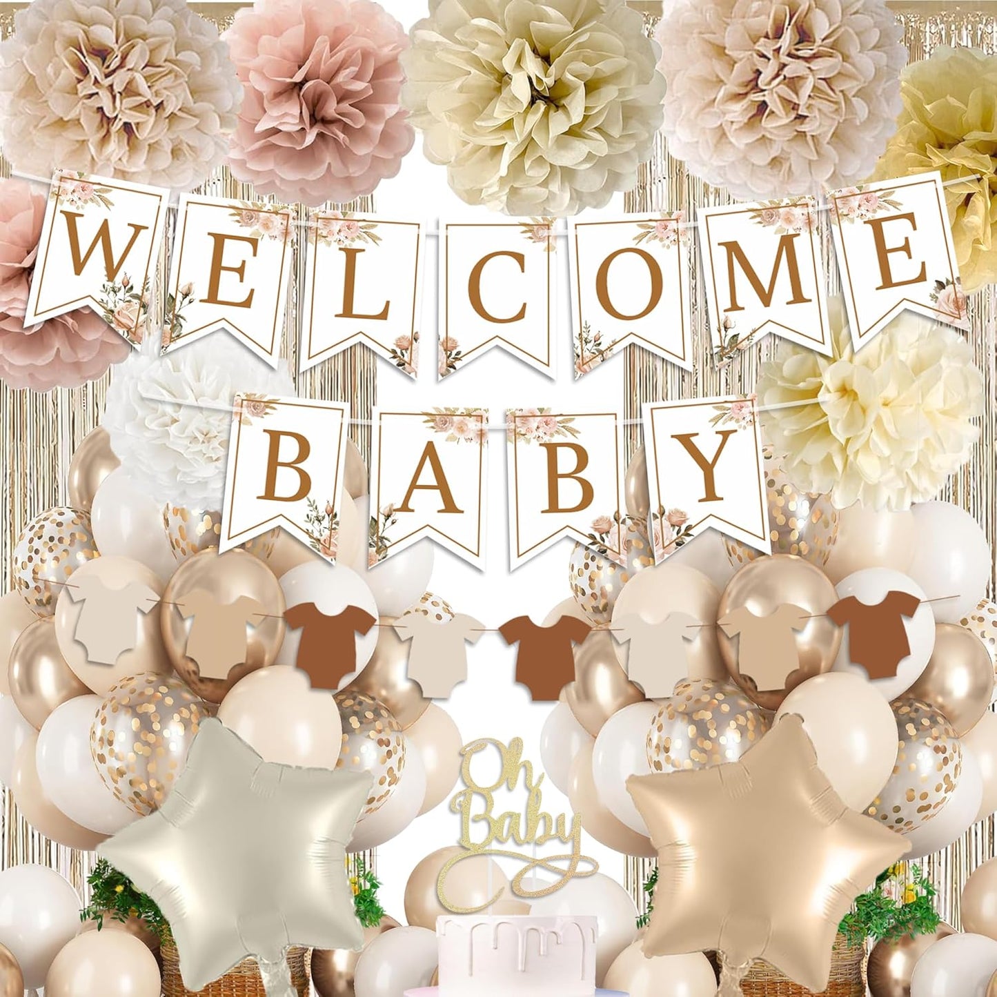 Champagne Baby Shower Decorations- Boho Baby Shower Decor Set with- Welcome Baby Banner, Clothes Banner, Cake Topper, Tissue Pom Poms, Beige Gold Balloons | Neutral Baby Boy Girl Shower Decorations