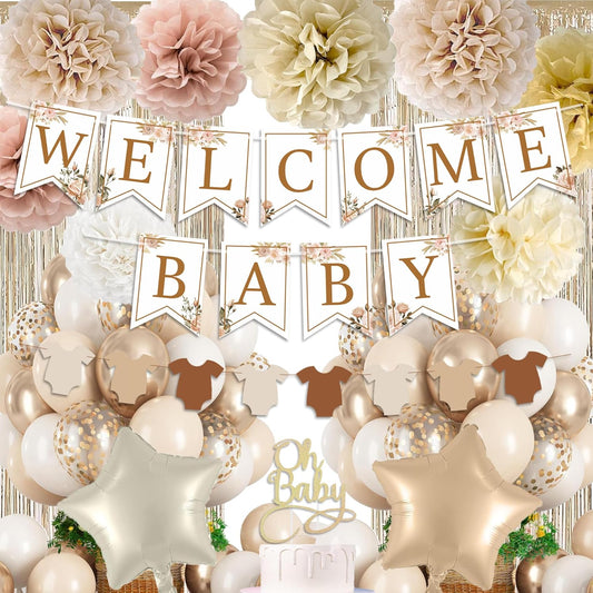 Champagne Baby Shower Decorations- Boho Baby Shower Decor Set with- Welcome Baby Banner, Clothes Banner, Cake Topper, Tissue Pom Poms, Beige Gold Balloons | Neutral Baby Boy Girl Shower Decorations