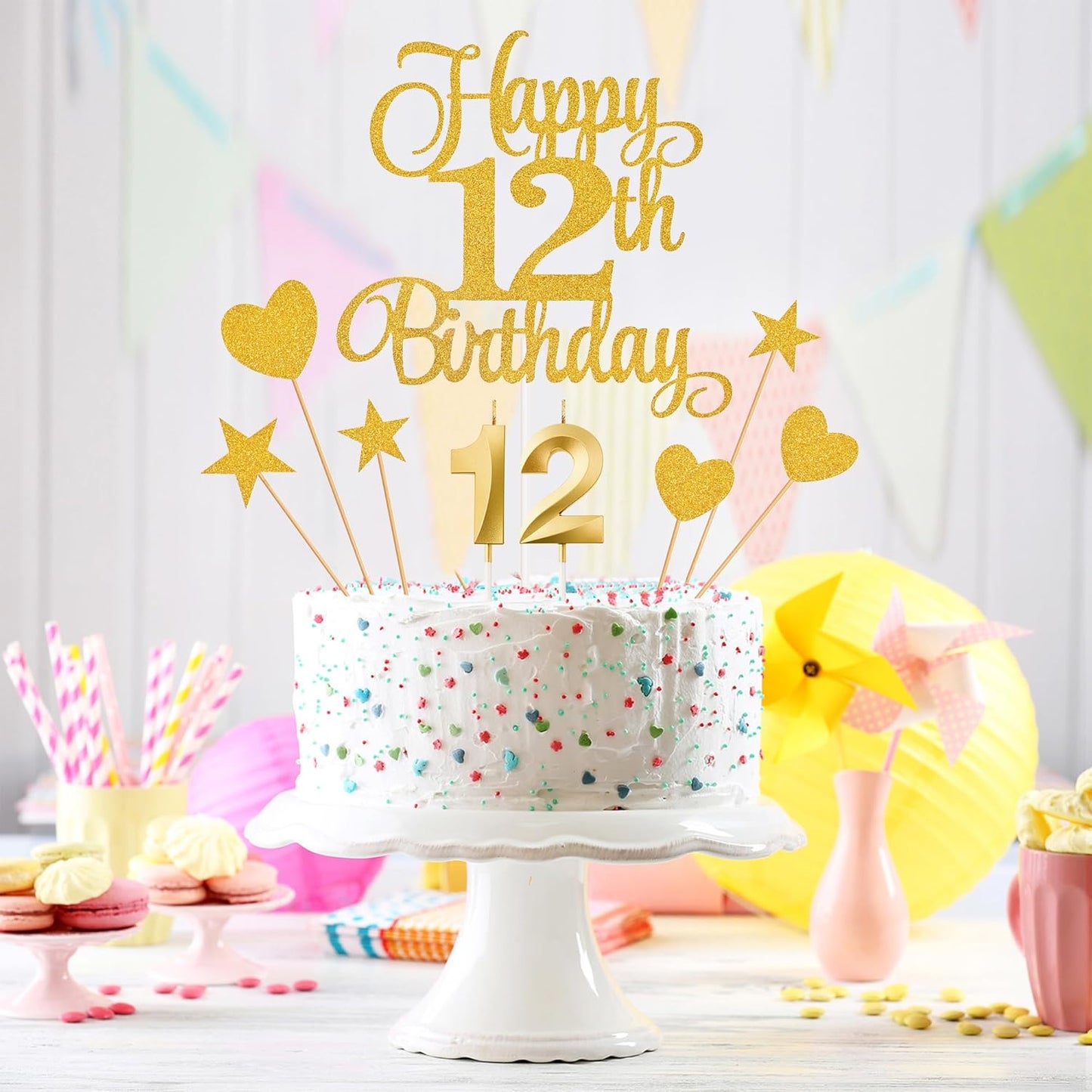12th Birthday Cake Decorations, 12th Birthday Candles Cake Numeral Candles and Glitter Happy 12th Birthday Cake Toppers Set for Birthday Party Supplies (Gold)