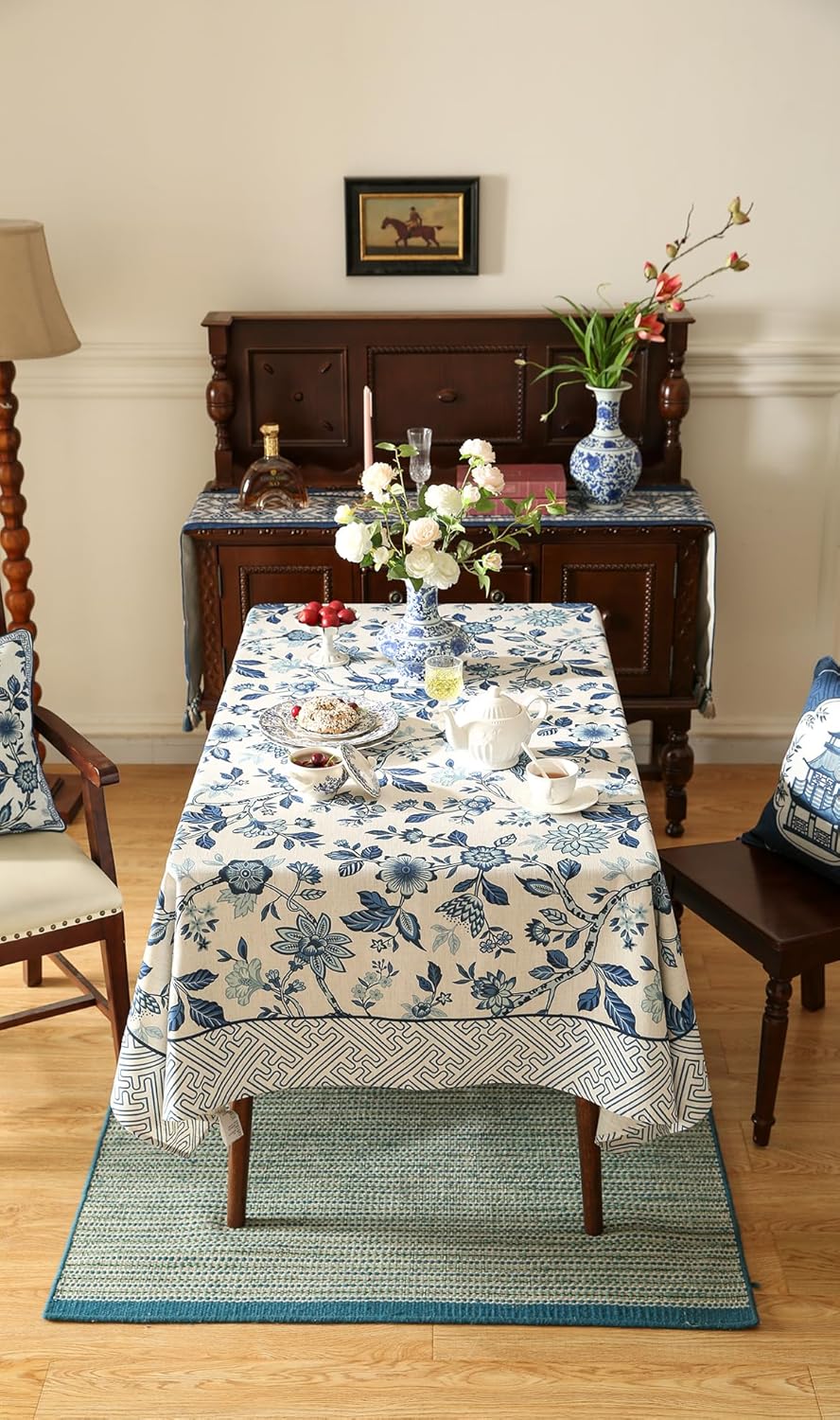 Vintage Blue and White Small Rectangle Tablecloth,French Linen Floral Wrinkle Free Tablecloths,Decorative Table Cover for Kitchen,Dining,Party,Thanksgiving,Christmas,55"*71"-Suqing