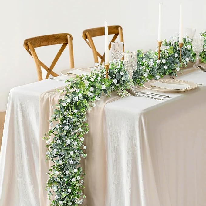 SOMYTING Faux Eucalyptus Garland 4 Pack Fake Vines Hanging Eucalyptus Babys Breath Greenery Garland Spring Garland for Mantle Table Wedding Backdrop Arch Party Wall Decor (4PCS)