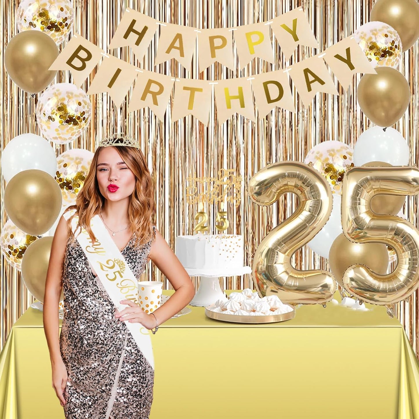 Trgowaul 25th Birthday Decorations for Women, Banner, Sash and Crown, Cake Topper, 25 Number Balloon, Fringe Curtains, Champagne Gold 25th Birthday Party Supplies