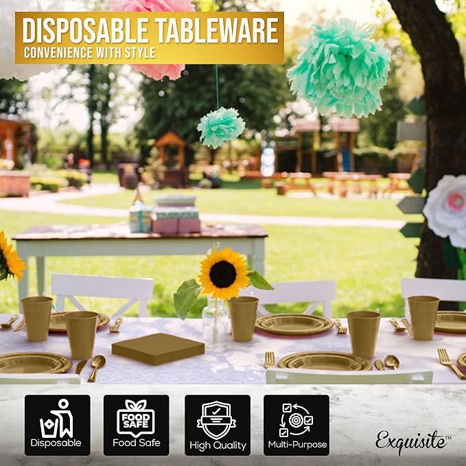 350 Pcs Gold Plastic Plates For Party, Gold Disposable Plates Set, 50 Of Each 9" Dinner Plate Set, 7" Dessert Plate, Cups, Napkins & Cutlery Plastic Dinnerware Exquisite