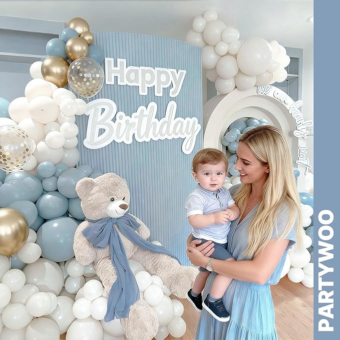 PartyWoo Dusty Blue Balloons 65pcs 12 Inch Light Baby Slate Blue Off White Sand Metallic Gold Boho Confetti Balloons for Graduation Boy Baby Shower Gender Reveal Birthday Wedding Party Decorations