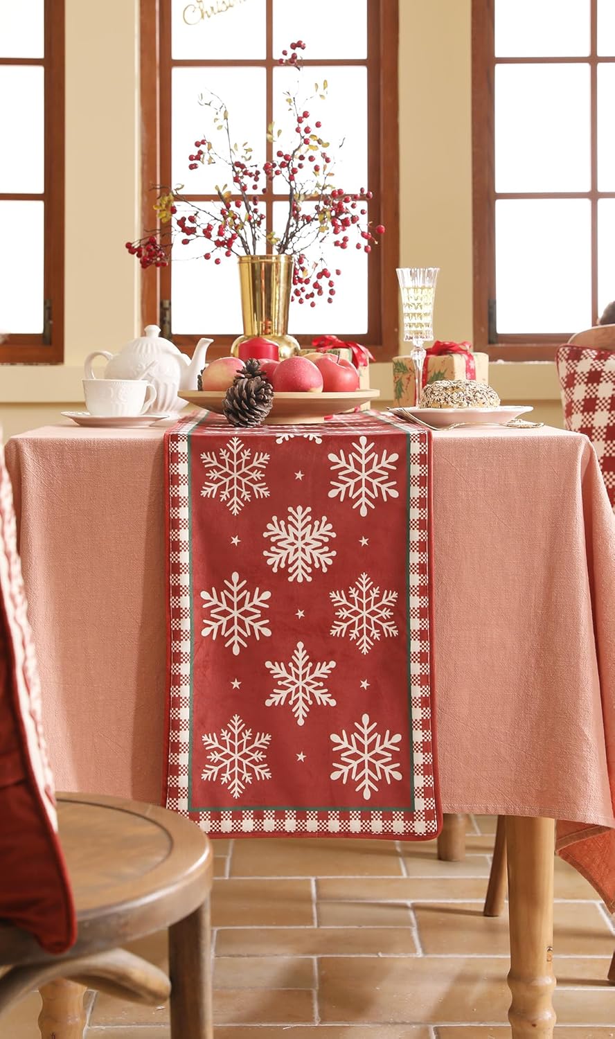 ISAENNE Designer Luxury Red Velvet Christmas Extra Long Table Runner 118 Inches,Vintage Snowflake Pattern Durable Decor Table Runners for Dining Tables,Thanksgiving,Kitchen Tables,12"*118"-Carol C