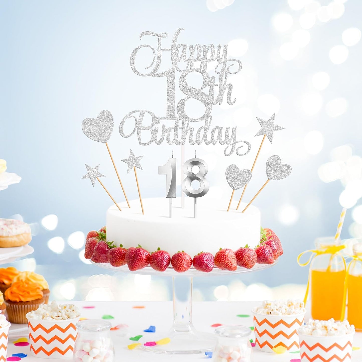 18th Birthday Cake Decorations, 18th Birthday Candles Cake Numeral Candles and Glitter Happy 18th Birthday Cake Toppers Set for Birthday Party Supplies (Silver)