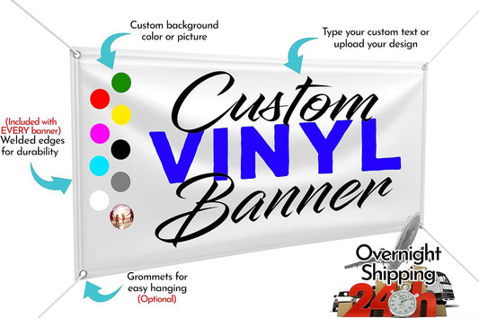 Custom Design - Any Size Vinyl Banner - Full Color - Made in USA - Business, Storefront, Birthday Party, Graduation, Outdoor Events, Garage, Shop, Baby Shower, Backdrop - Fast Turnaround (3' x 15')