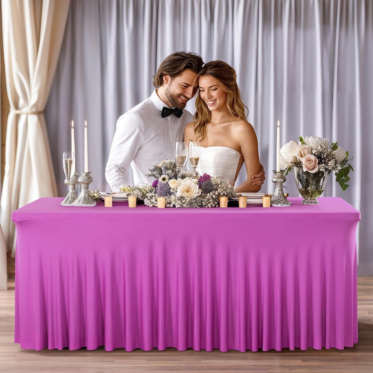 PARTISKY Fuchsia Spandex Tablecloth for 8ft Rectangle Tables, Stretchable Table Cover Skirt for Folding Tables Weddings Parties Banquets Events Trade Shows and Dessert Table