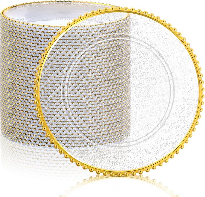Hoolerry 50 Pack Clear Charger Plates Bulk 13 Inch Plastic Round Beaded Dinner Chargers Acrylic Frosted Grain Decorative Service Plates for Wedding Party Event, Home and Kitchen Tabletop (Gold)