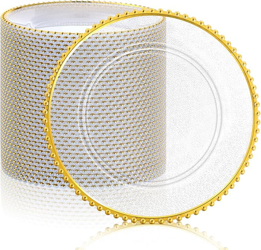 Hoolerry 50 Pack Clear Charger Plates Bulk 13 Inch Plastic Round Beaded Dinner Chargers Acrylic Frosted Grain Decorative Service Plates for Wedding Party Event, Home and Kitchen Tabletop (Gold)