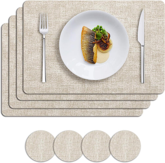 MOSAYT Placemats Set of 4, Heat Resistant Vinyl Place Mats with Coasters, 100% Waterproof Wipeable & Washable Faux Leather Table Mats for Kitchen Dining Party Indoor Outdoor, 12" x 18", Beige
