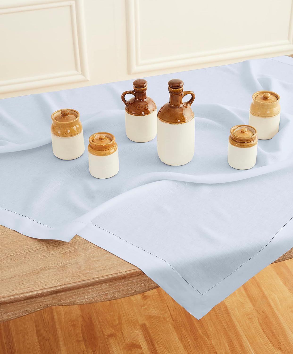 Solino Home Light Blue Linen Tablecloth 52 x 52 Inch - 100% Pure Linen Square Table Throw - Classic Hemstitch, Machine Washable Table Cloth