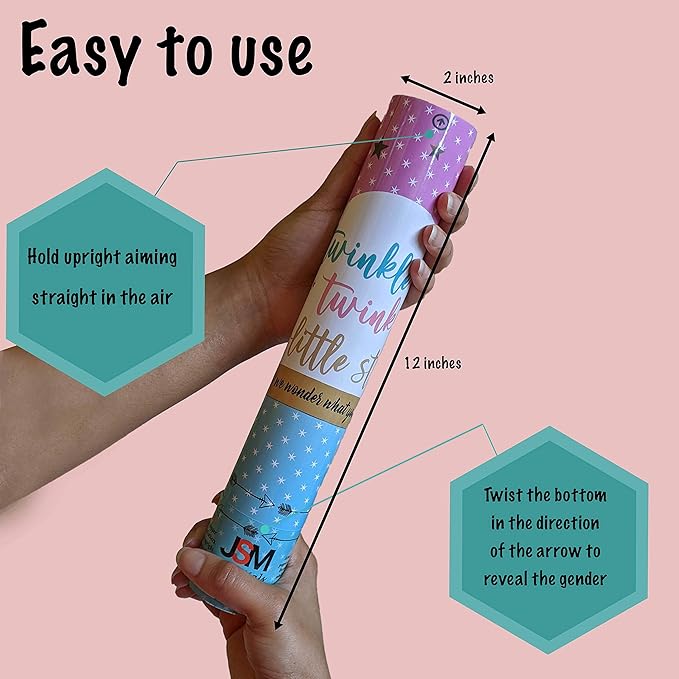 Gender Reveal Cannon Pink Confetti Confetti Poppers | Mommy to Be Sash in Satin White with Gold Letters | Themed Party: Twinkle Twinkle Little Star (Pink, Set of 2)