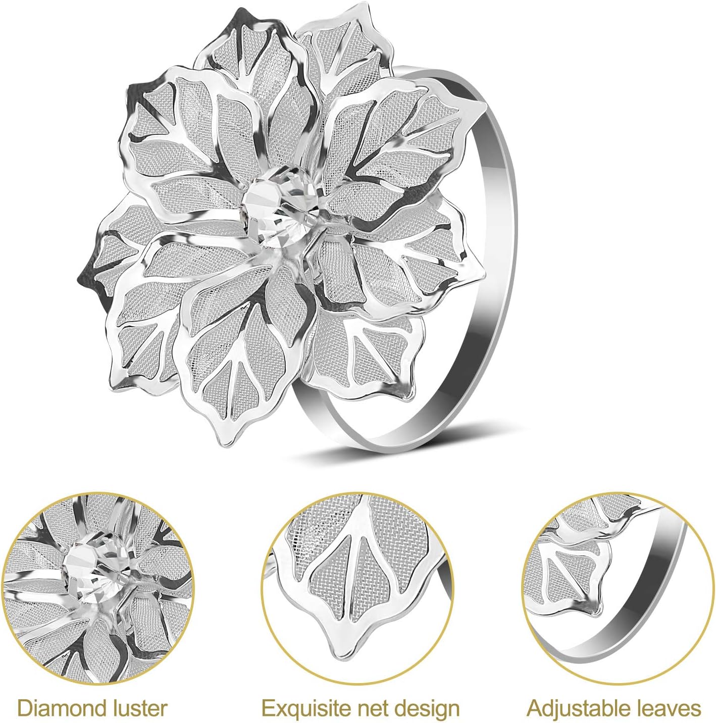 KPOSIYA Hollow Out Flower Napkin Ring Holder Metal Napkin Rings Set of 20 for Wedding Party Holiday Banquet Christmas Dinner Delicate Serviette Buckles Decor Favor (20, Flower-Silver)