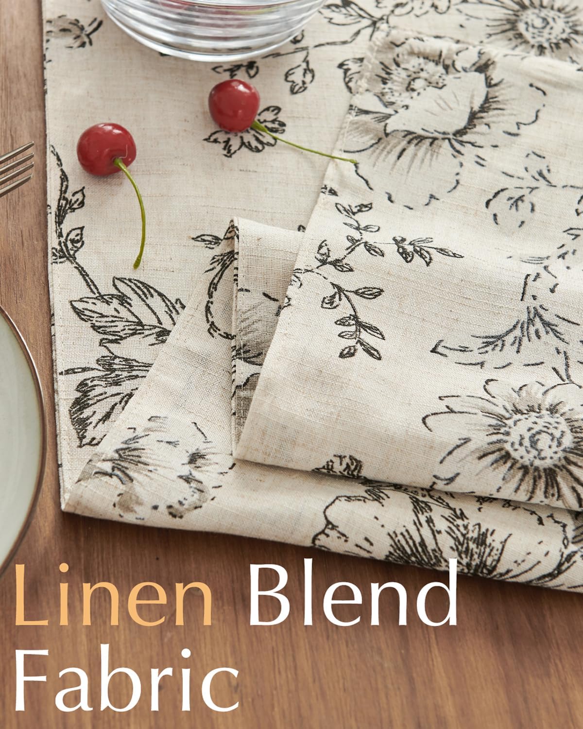 jinchan Floral Linen Table Runner for Kitchen Farmhouse Table Cloth with Black Flower Print 13 x 108 Inch Beige Linen Blend Cloth for Kitchen Dining Table Indoor Outdoor Decor 1 Panel